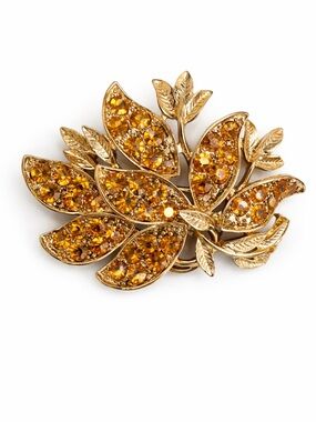 Gold Amber Crystal Leaf Brooch